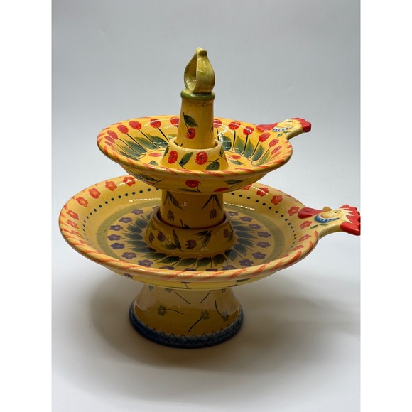 Dario Farrucci Design Yellow Floral Rooster 2 Tier Ceramic Serving Stand Tray